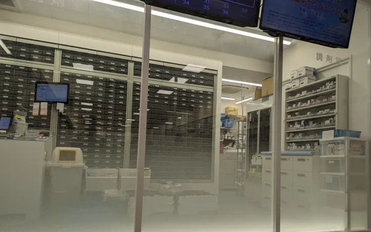 Modern pharmacy counter and shelves, for health, pharmacy and nutrition brands