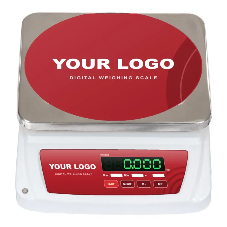The same table-top weighing scale with a red front label and red pan sticker carrying YOUR LOGO