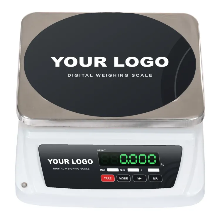Private label table-top weighing scale with YOUR LOGO on a graphite front label and on the oval pan sticker, green LED display