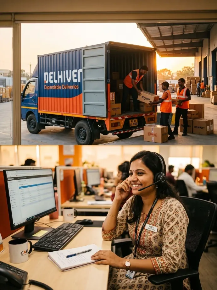 Delivery truck being loaded with packages alongside a customer support representative assisting a client by phone.