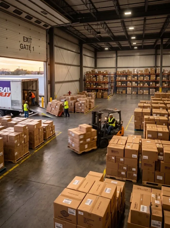 Warehouse staff loading bulk packaged shipments onto a truck using a forklift.
