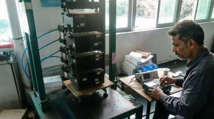 Technician performing electronic circuit testing on a weighing scale system with a multimeter.