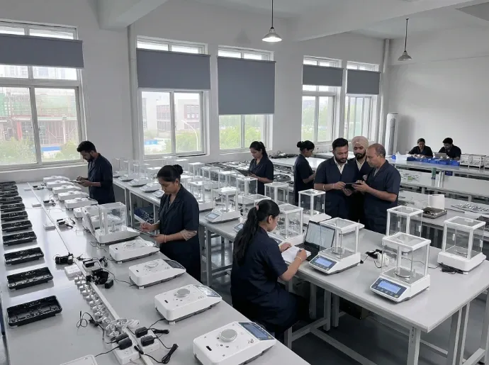 Quality control team performing final inspection and calibration of precision weighing scales.