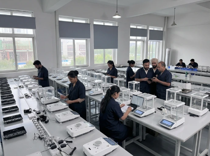 Final quality check and calibration before dispatch Omace quality team checking and calibrating bathroom scales before they are packed