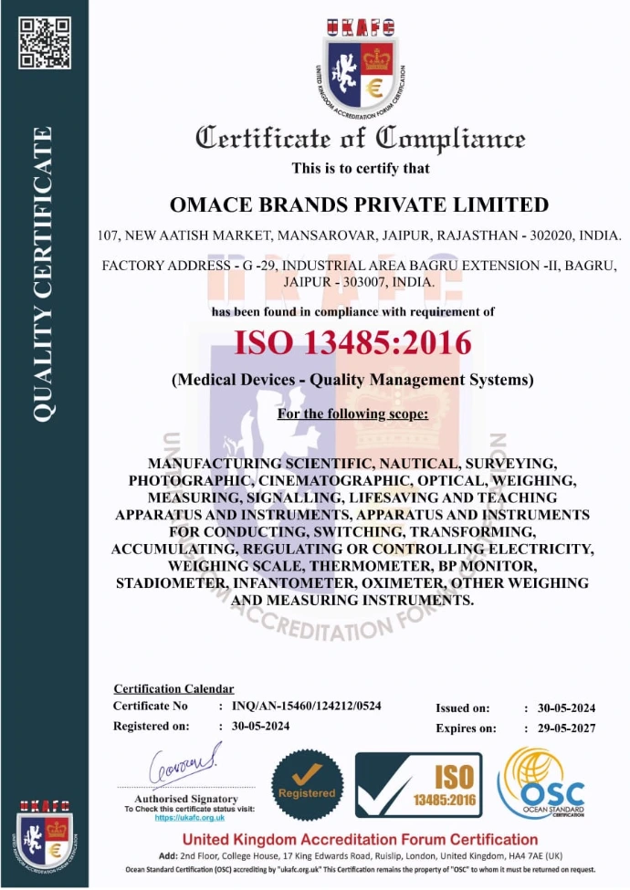 ISO 13485:2016 Medical Devices QMS Certificate ISO 13485:2016 certificate for a quality management system built to medical device manufacturing standards.