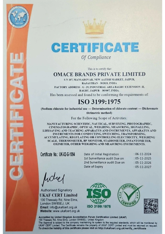ISO 3199:1975 Compliance Certificate ISO 3199:1975 compliance certificate covering the manufacturing scope of weighing and measuring instruments.