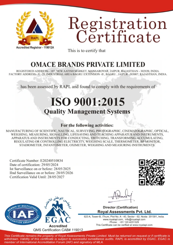 ISO 9001:2015 Quality Management Certificate ISO 9001:2015 certificate confirming an established quality management system for precision instrument manufacturing.