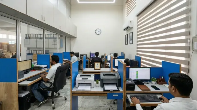 Operations team coordinating production, logistics, and order processing at their workstations.