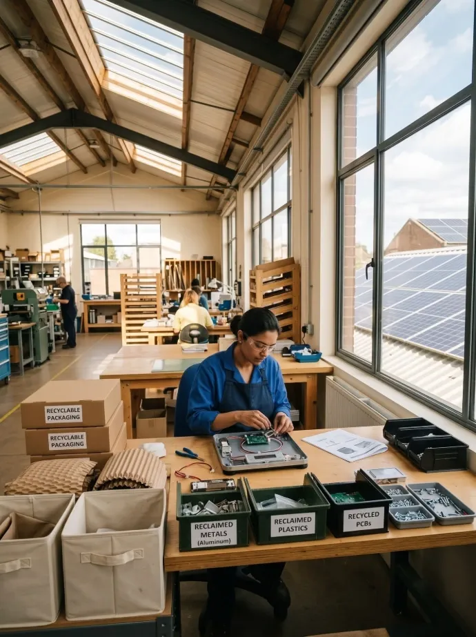 Technician assembling a scale at a workstation with labeled bins for recycled materials and solar panels visible outside.