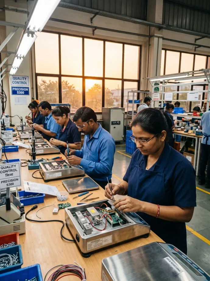 Technicians assembling precision weighing scales at an in-house production line under quality control signage.