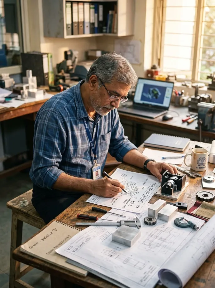 Engineer reviewing product design blueprints and mechanical components at a workbench.