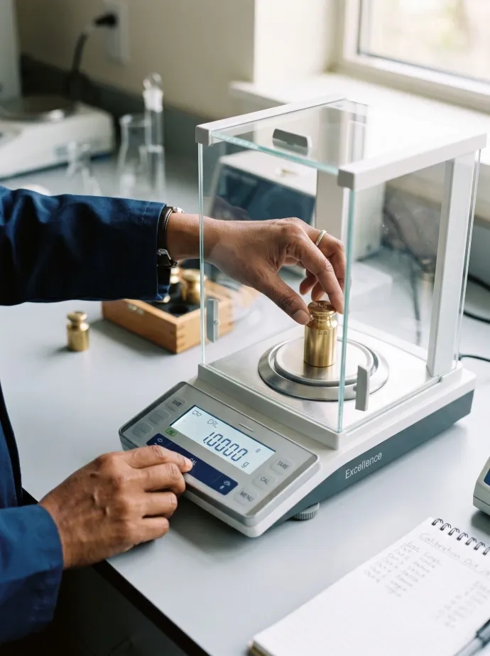 Technician calibrating a precision weighing scale using a certified reference weight.