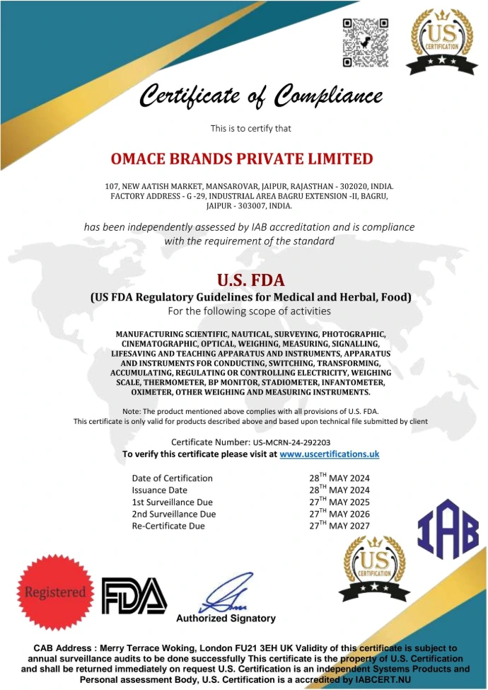 US FDA Compliance Certificate US FDA compliance certificate for scientific, medical, and weighing instrument manufacturing.