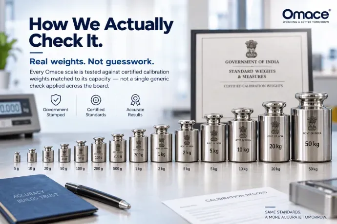 Set of graduated stainless steel calibration weights from 5 grams to 50 kilograms beside a Government of India standard weights certificate and a calibration record sheet