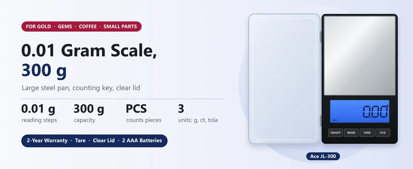 Ace JL-300 0.01 gram scale, 300 g, large steel pan, PCS counting key and clear lid