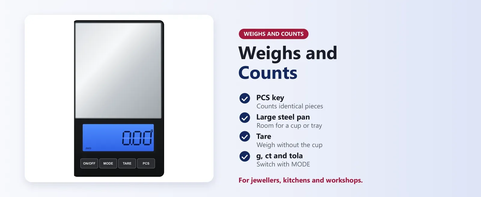 0.01 gram scale with PCS counting key and blue backlit display