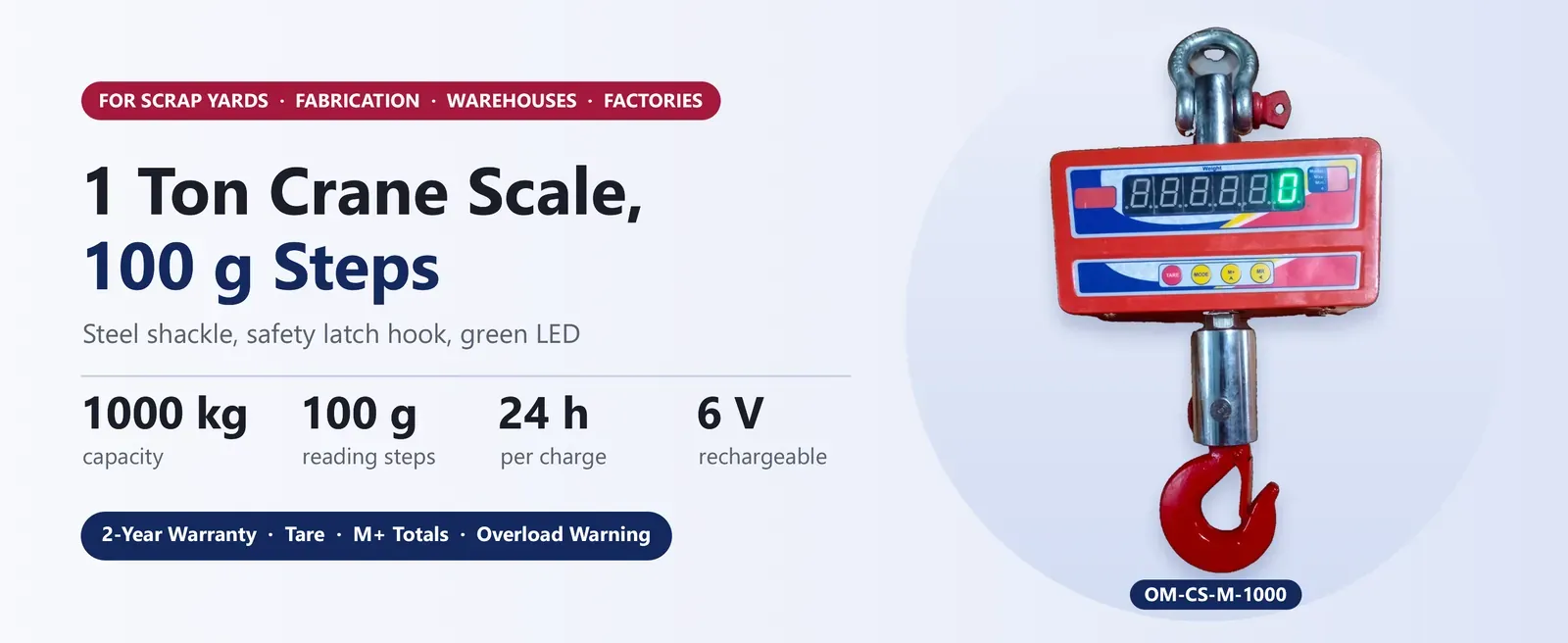 Omace 1 ton digital crane scale, 1000 kg in 100 g steps, green LED, steel shackle and safety hook
