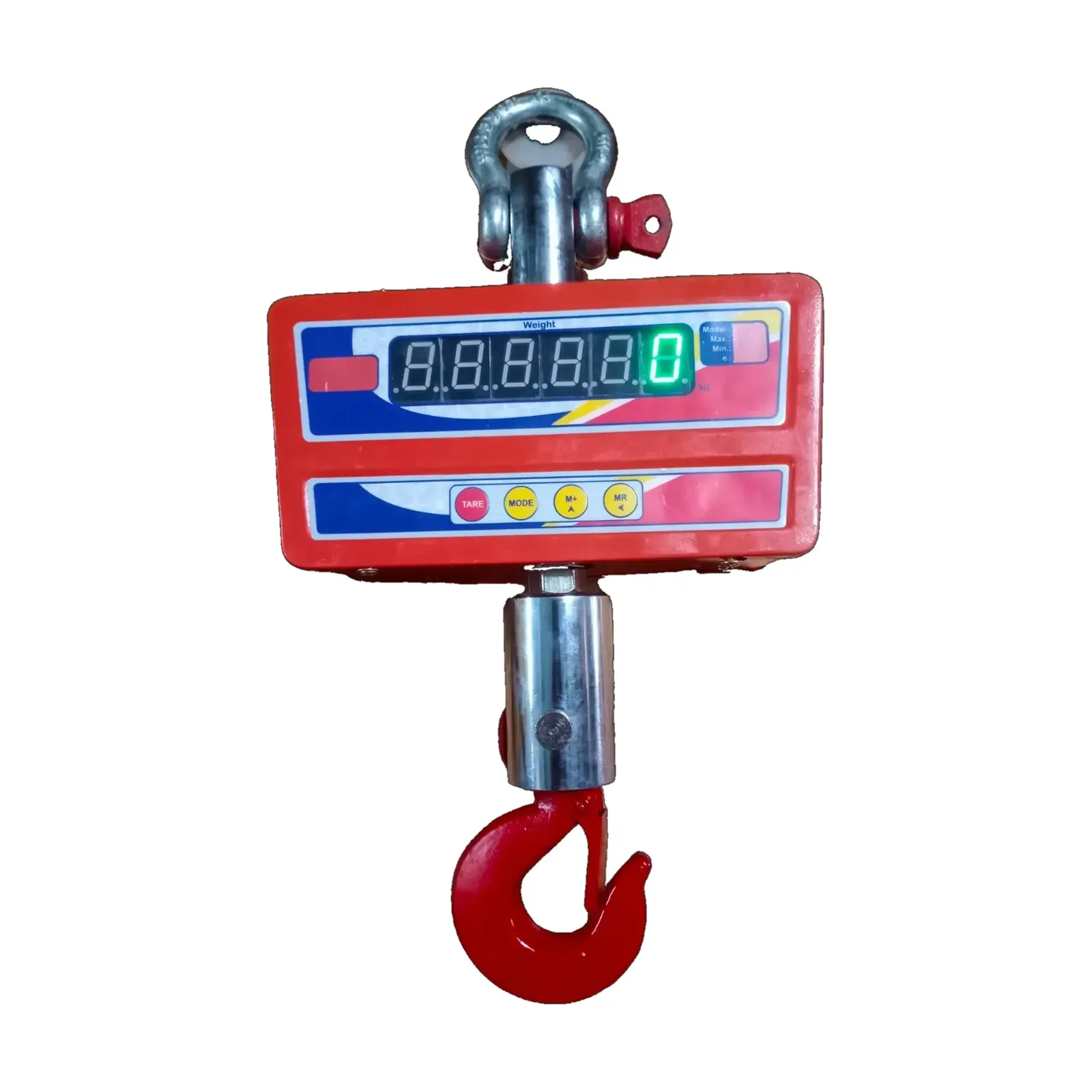 Omace OM-CS-M-1000 1 ton crane scale, front view with shackle and safety hook
