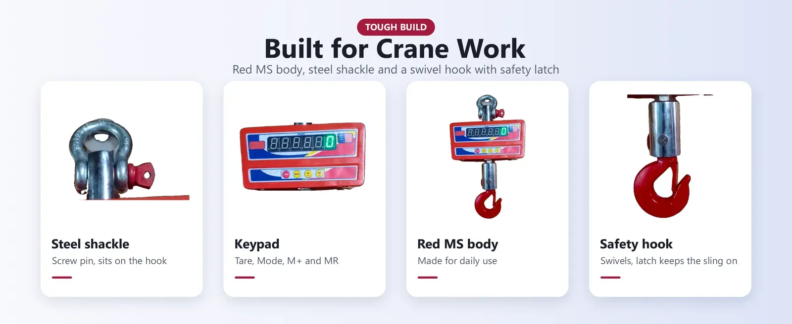 1000 kg crane scale parts: steel shackle with screw pin, swivel hook with safety latch, red MS body