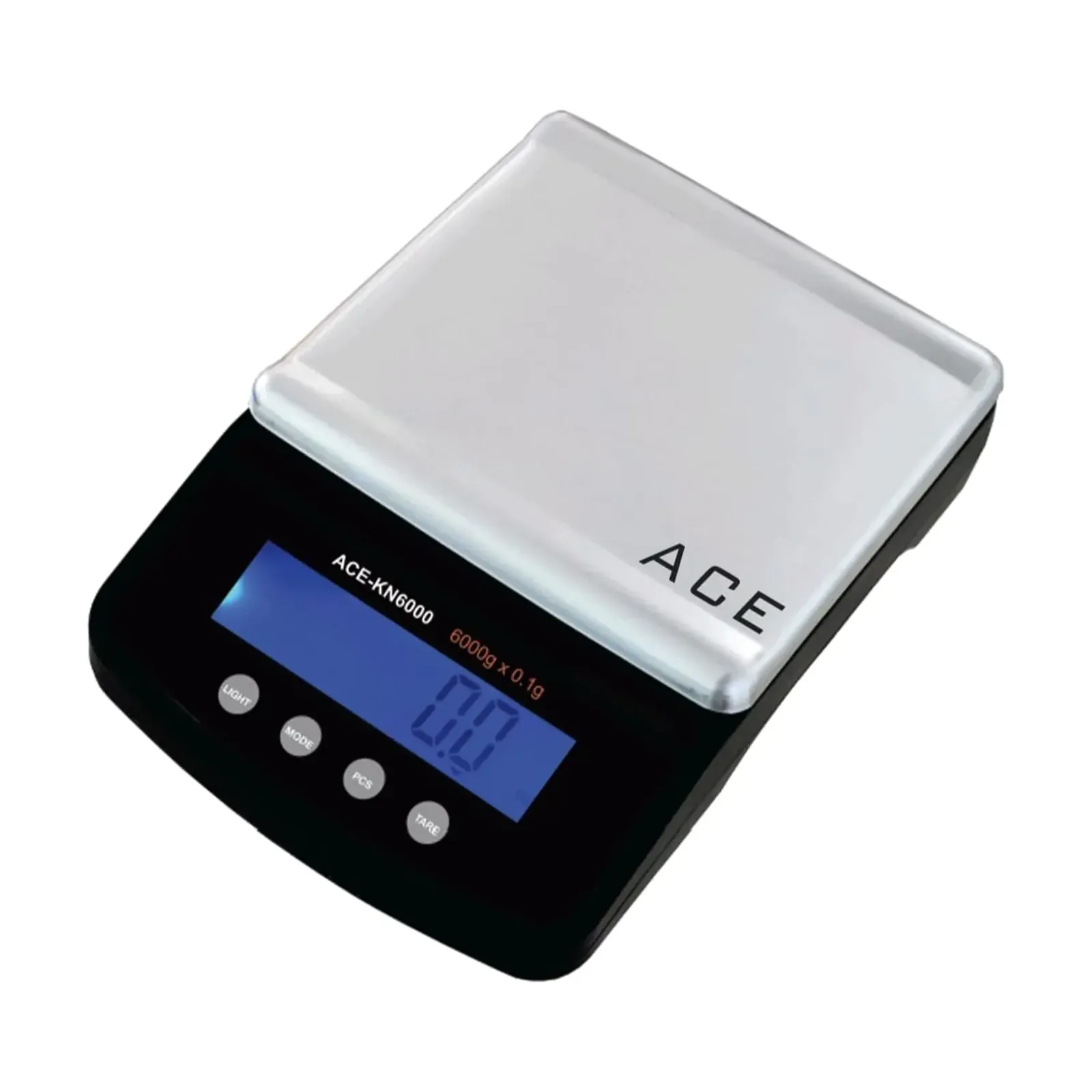 Ace KN 10 kg weighing scale, front view with blue backlit LCD