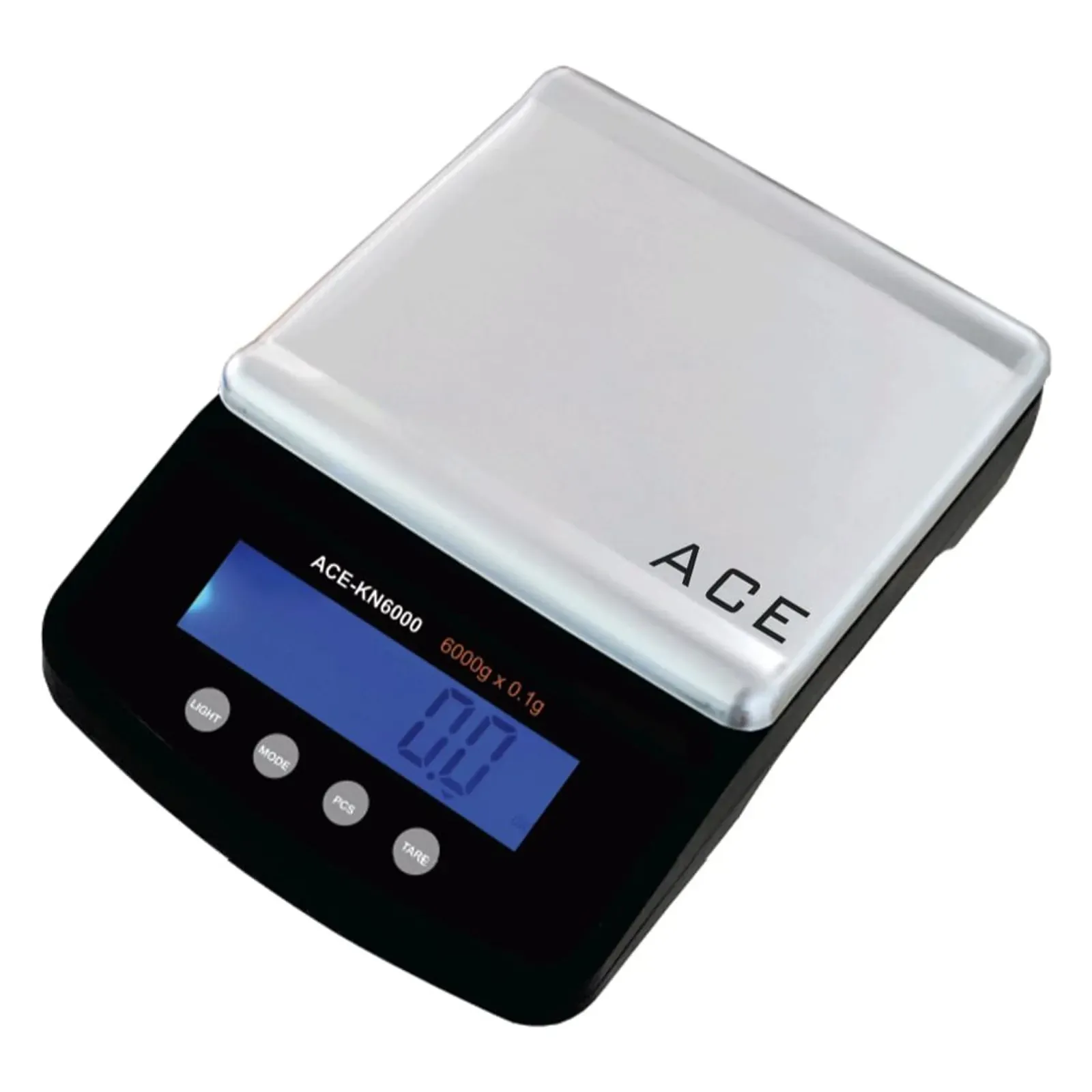 Ace KN 10 kg weighing scale, front view with blue backlit LCD