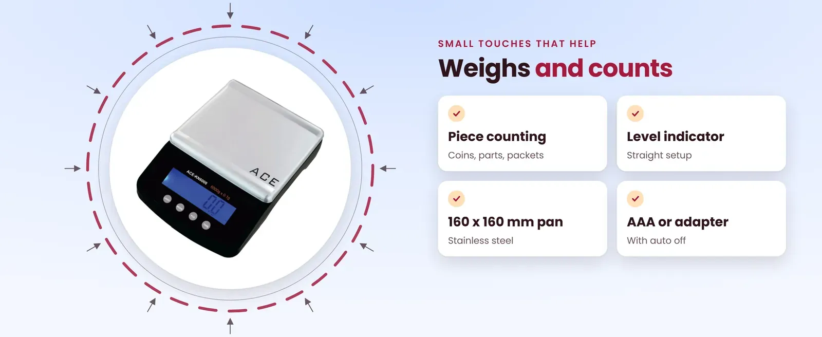 10 kg weighing scale features: piece counting, level indicator, 160 x 160 mm steel pan, AAA or adapter