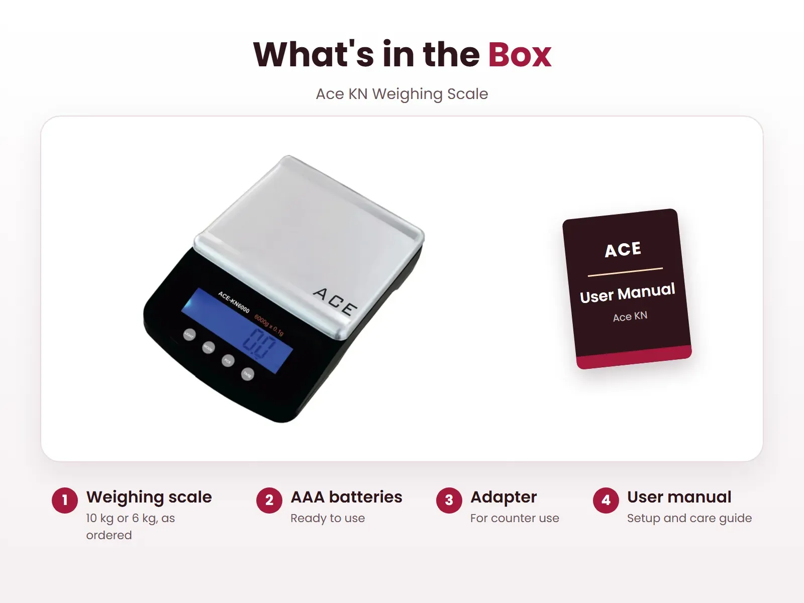 What's in the box: Weighing scale, AAA batteries, Adapter and User manual, Ace KN