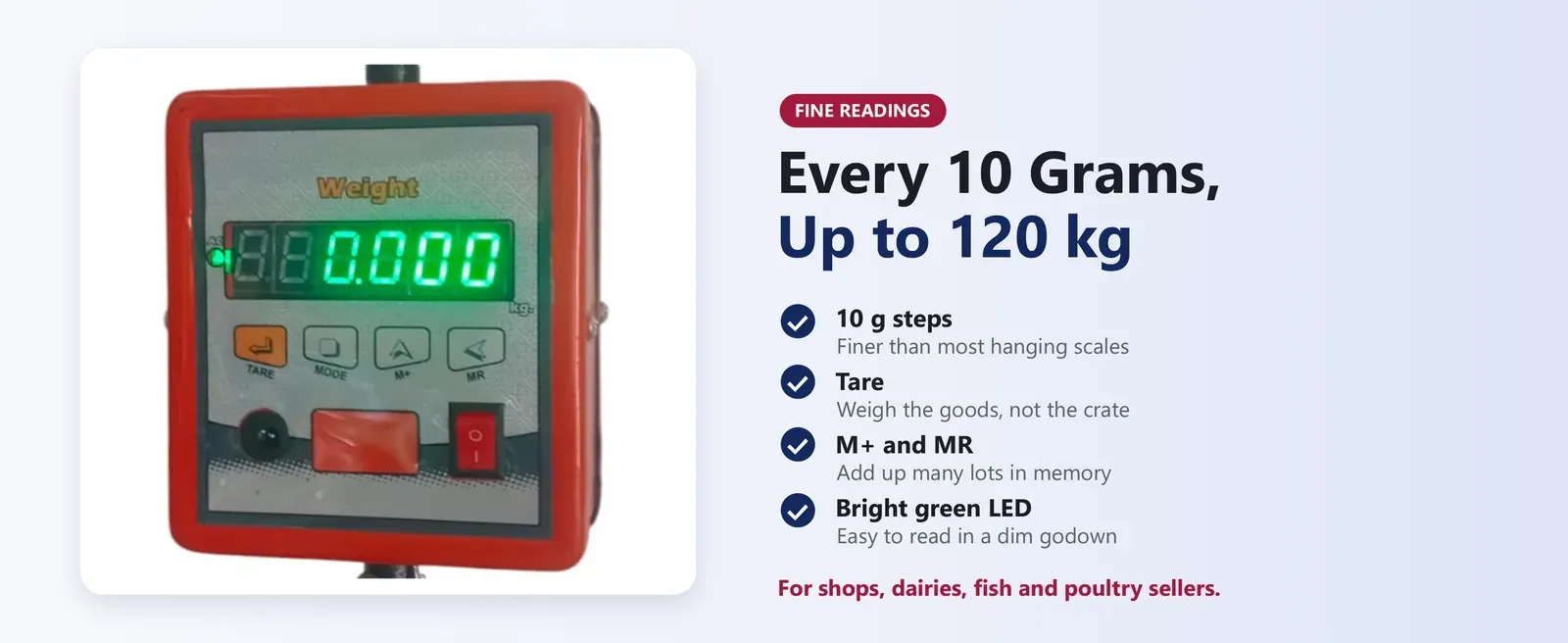 120 kg weighing scale display close-up: green LED reading in 10 g steps with tare and M+ keys