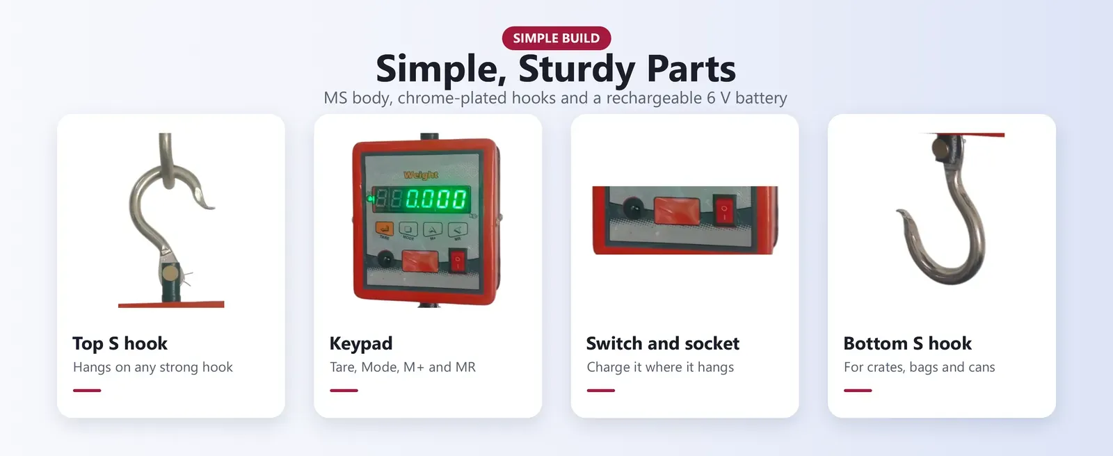 120 kg weighing scale parts: steel S hooks, keypad, power switch and charging socket
