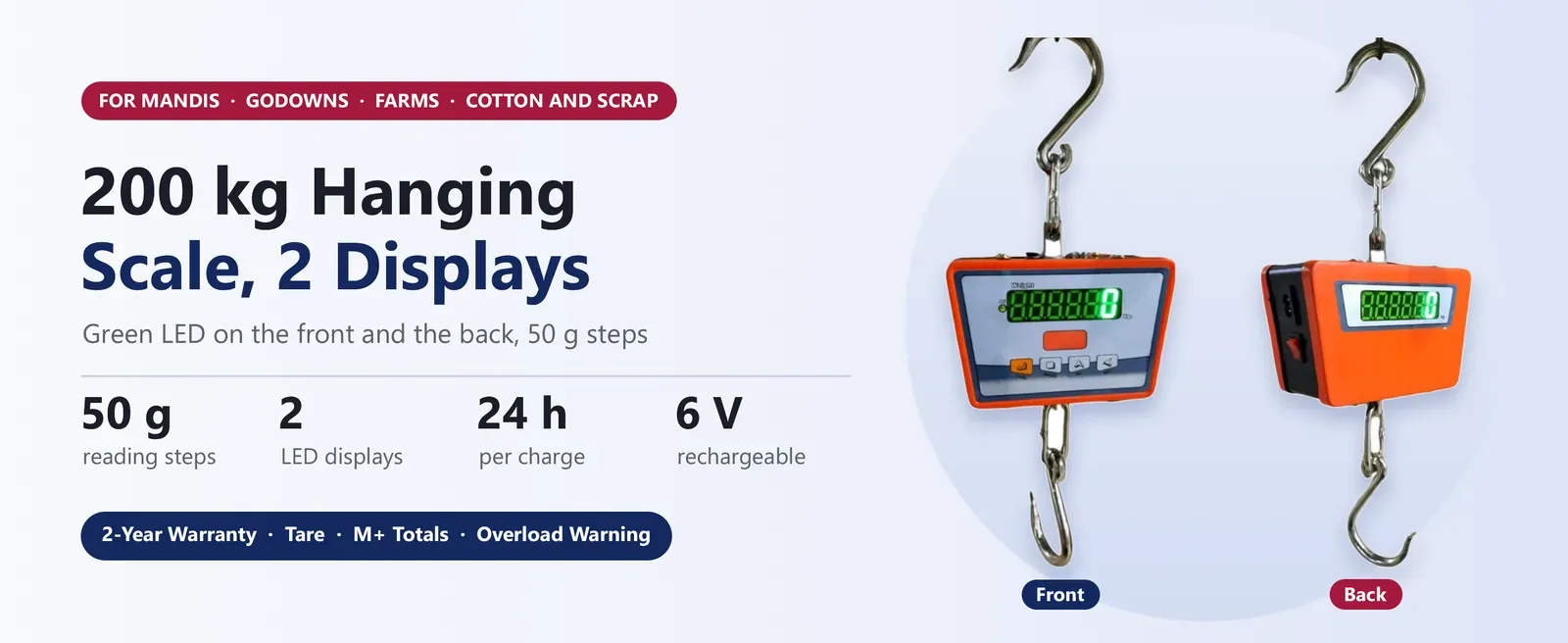 Omace 200 kg digital hanging scale with green LED on both sides, 50 g steps and rechargeable battery