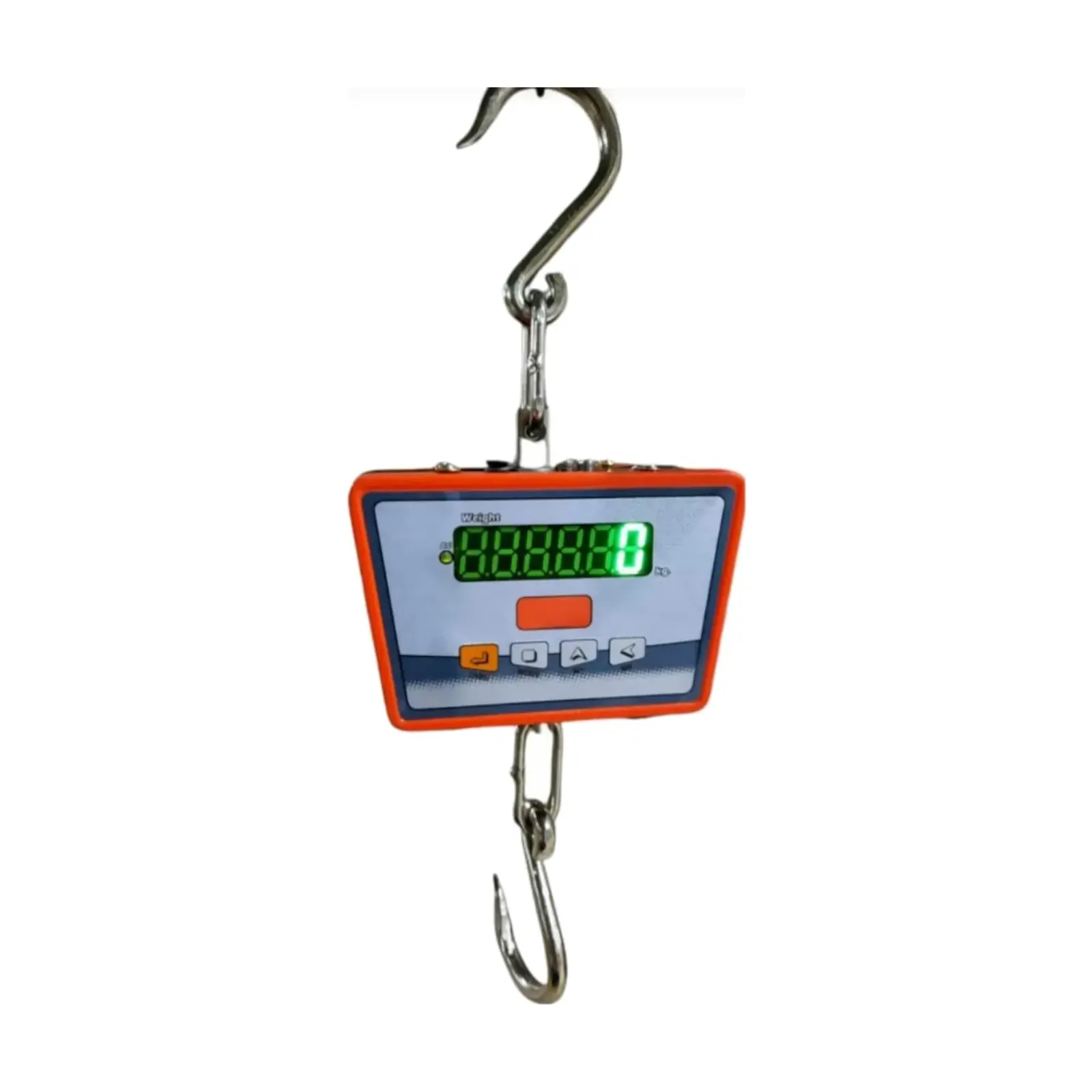 Omace OM-CS-M-200 200 kg hanging scale, front view with green LED and keypad