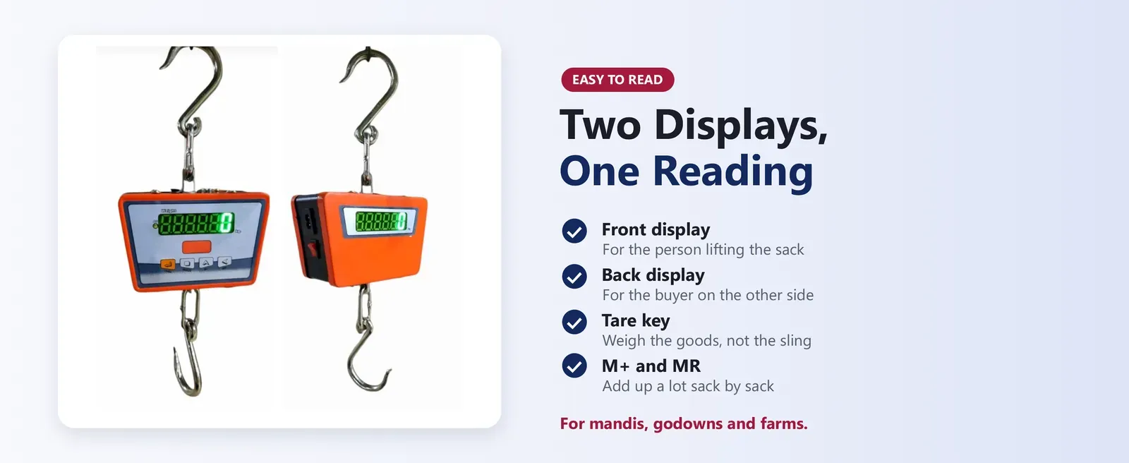 200 kg hanging scale with green LED displays on the front and the back for seller and buyer