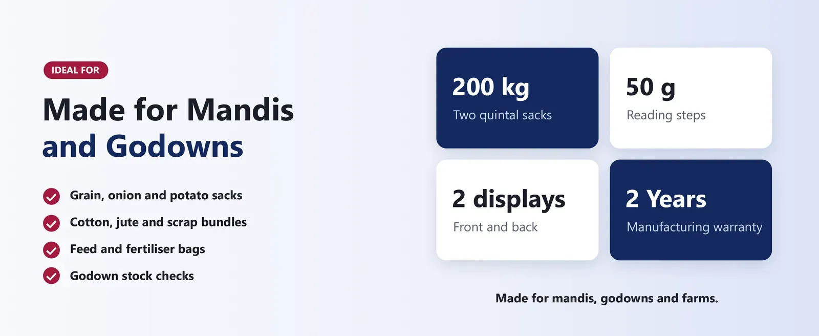 200 kg hanging scale uses: grain and onion sacks, cotton bundles, feed bags and godown stock