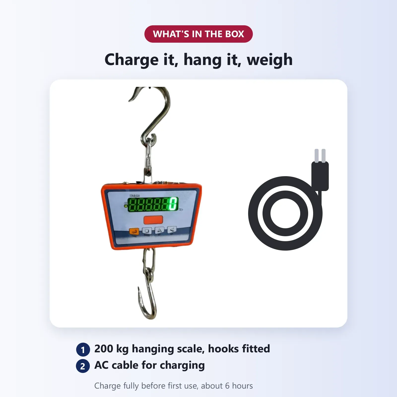 What's in the box: Omace 200 kg hanging scale with S hooks and AC cable for charging