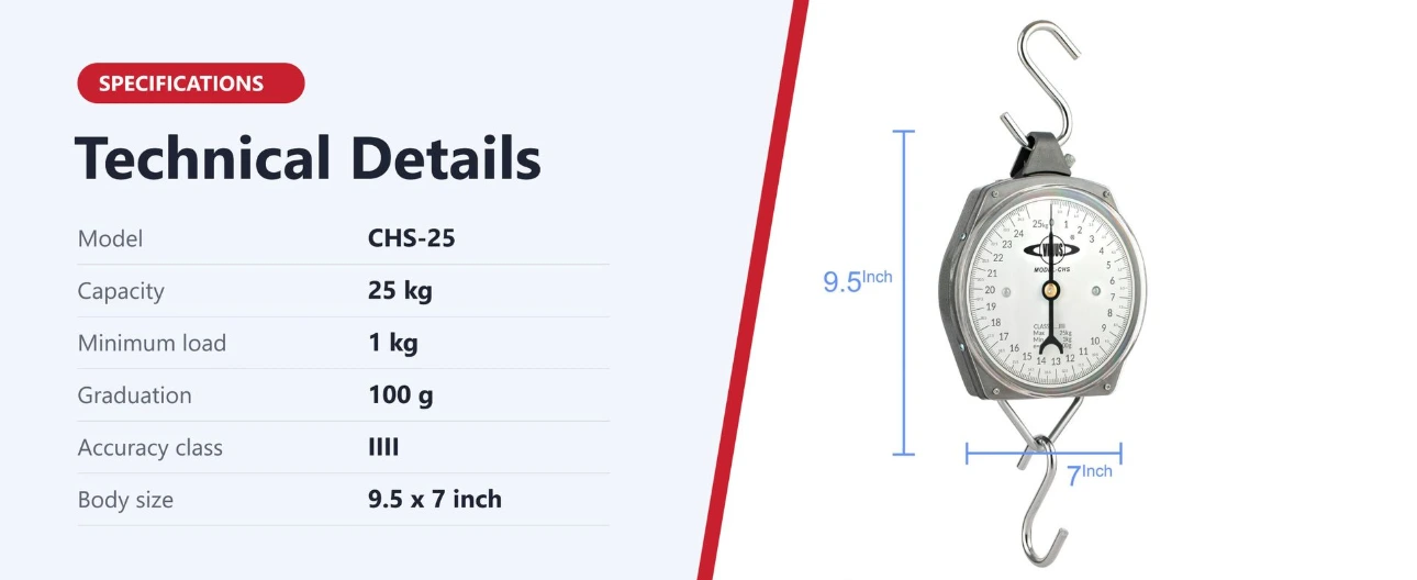 CHS-25 Technical Specifications Venus CHS-25 baby hanging scale specifications: 25 kg capacity, 1 kg minimum load, 100 g graduation, Class IIII, 9.5 x 7 inch body