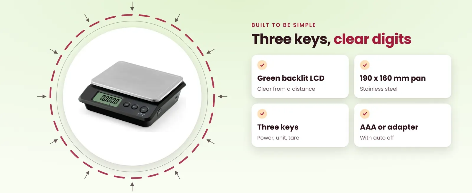 30 kg weighing scale features: green backlit LCD, 190 x 160 mm steel pan, three keys, AAA or adapter