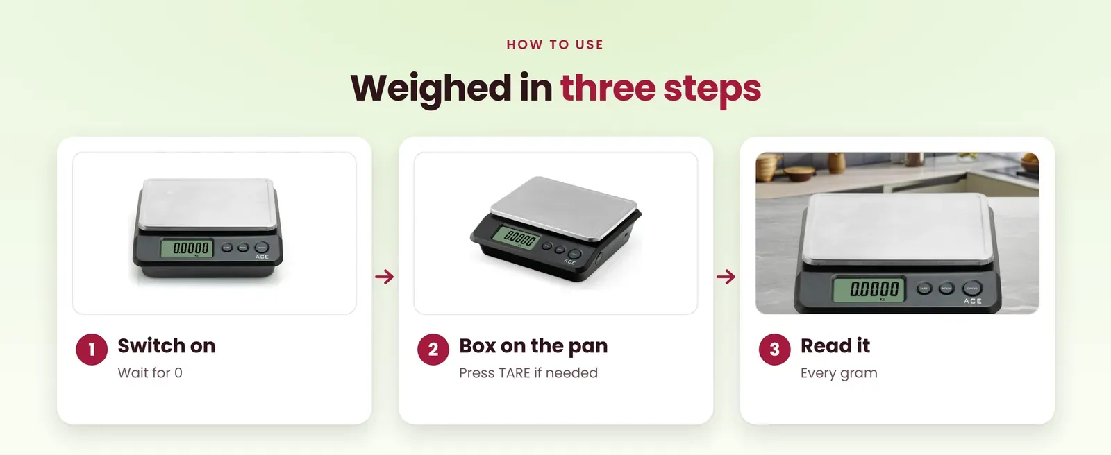 How to use the 30 kg weighing scale: switch on, put the box on the pan, read it