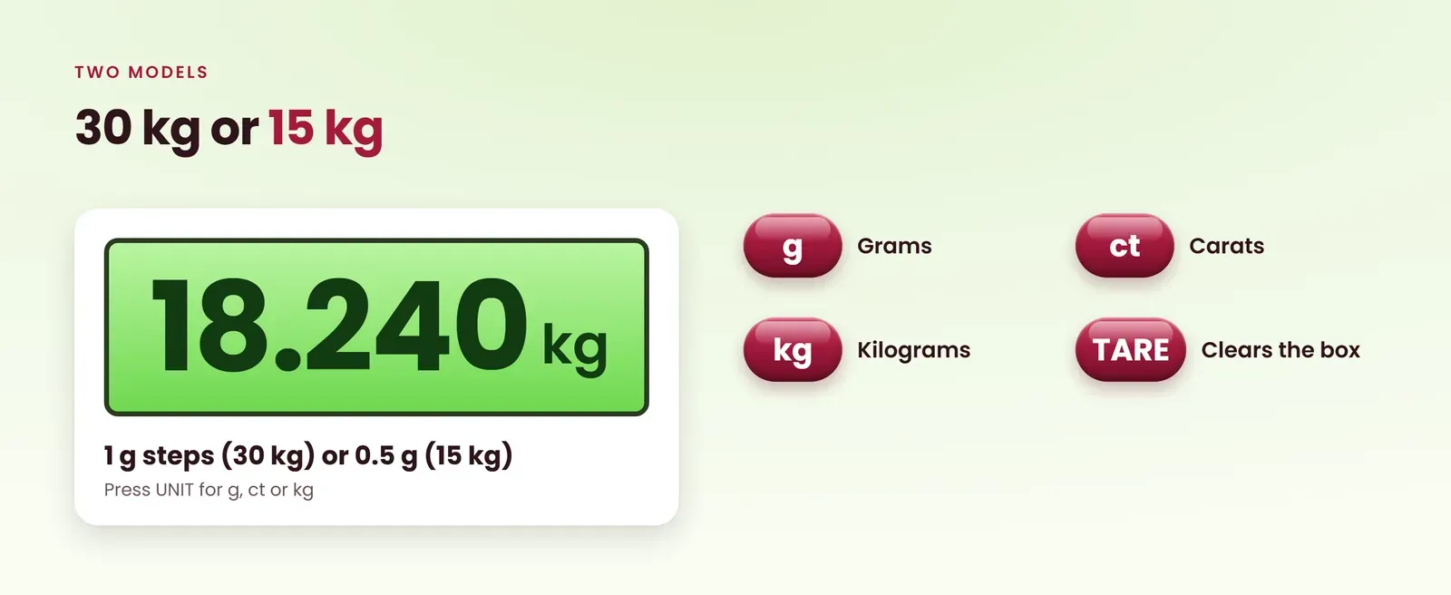 30 kg weighing scale in two models: 30 kg in 1 g steps or 15 kg in 0.5 g steps