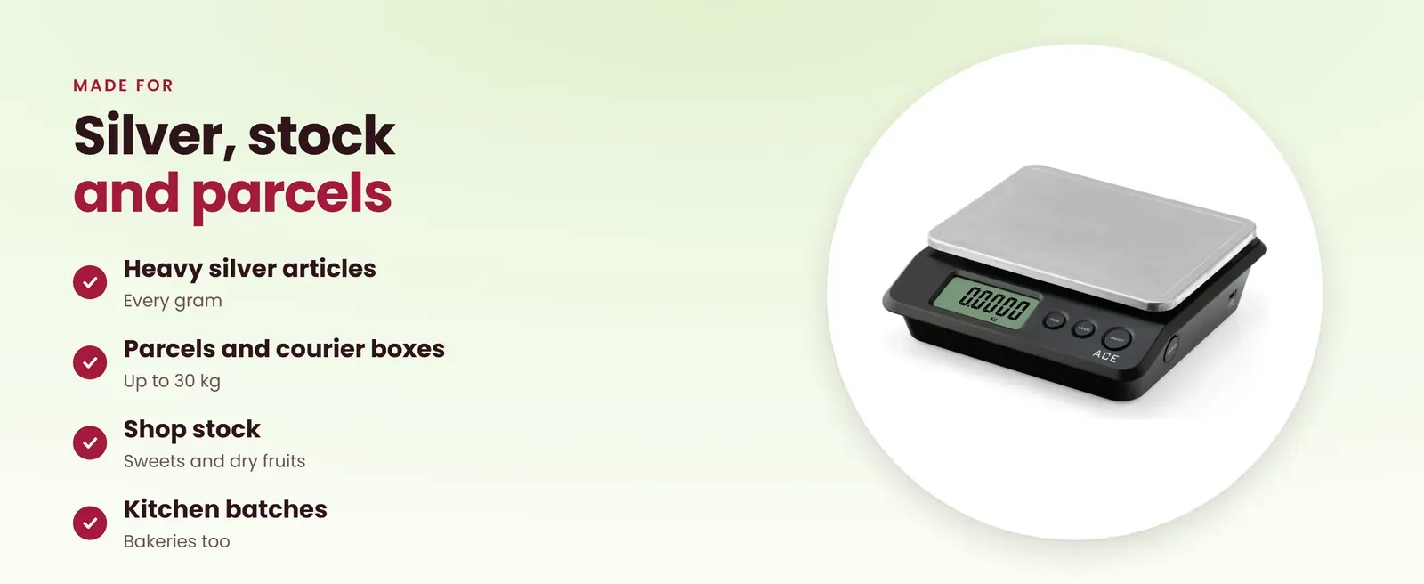 30 kg weighing scale for heavy silver, parcels, shop stock and kitchen batches