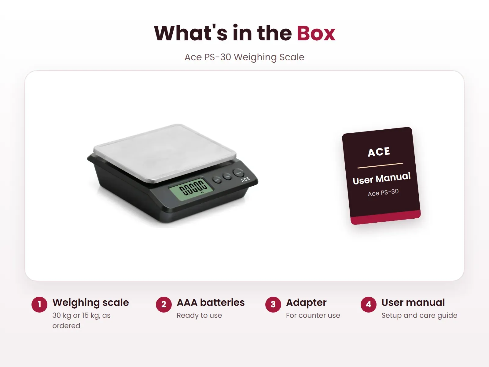 What's in the box: Weighing scale, AAA batteries, Adapter and User manual, Ace PS-30