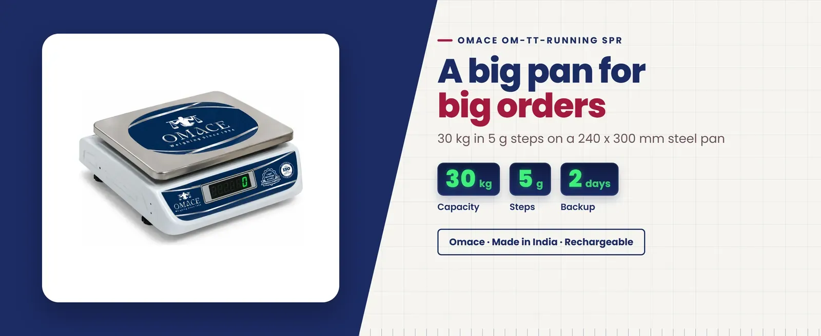 Omace Om-TT-Running SPR 30 kg weight machine: 30 kg in 5 g steps on a 240 x 300 mm steel pan