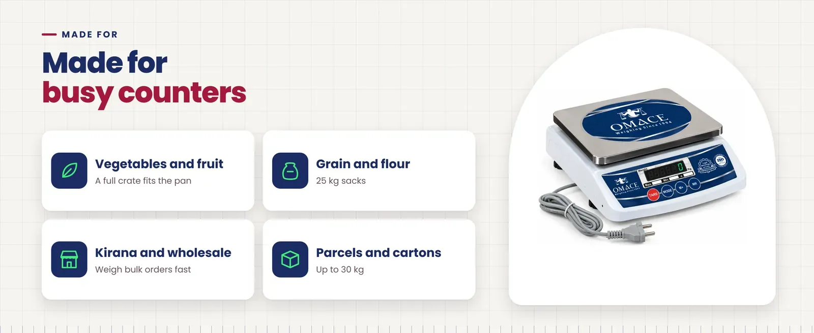 Omace Om-TT-Running SPR 30 kg weight machine uses: vegetables and fruit, grain and flour, kirana and wholesale, parcels and cartons