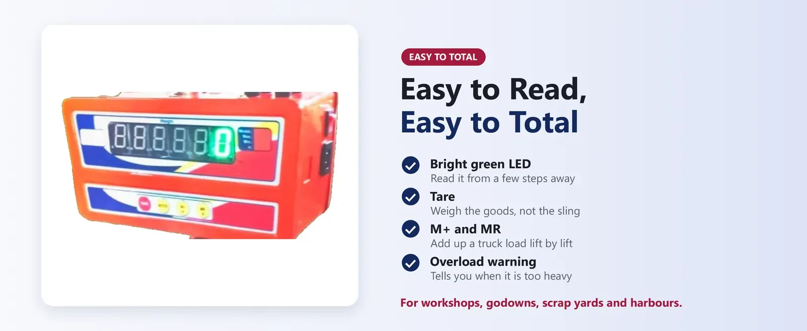 500 kg crane scale display close-up: green LED with Tare, Mode, M+ and MR keys