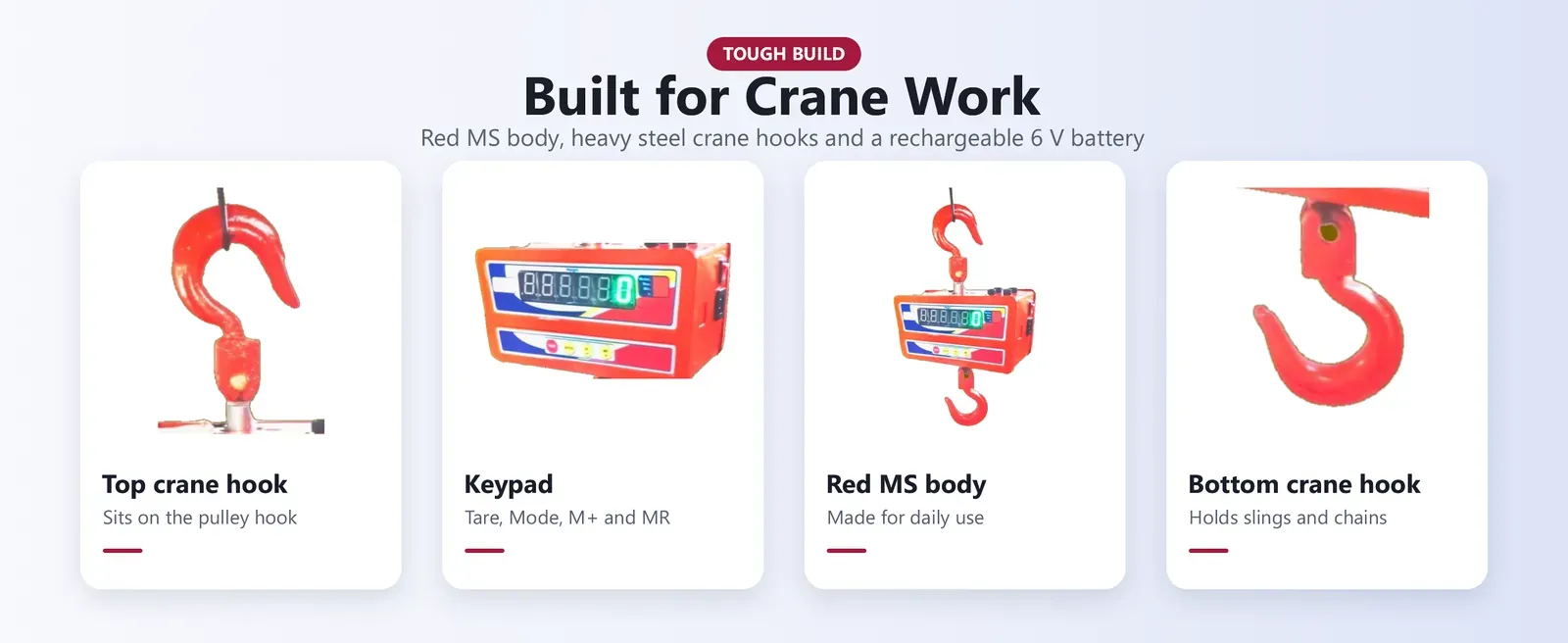 500 kg crane scale parts: steel crane hooks, red MS body, keypad and rechargeable battery