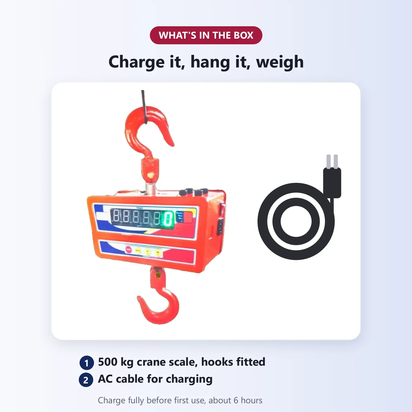 What's in the box: Omace 500 kg crane scale with hooks and AC cable for charging