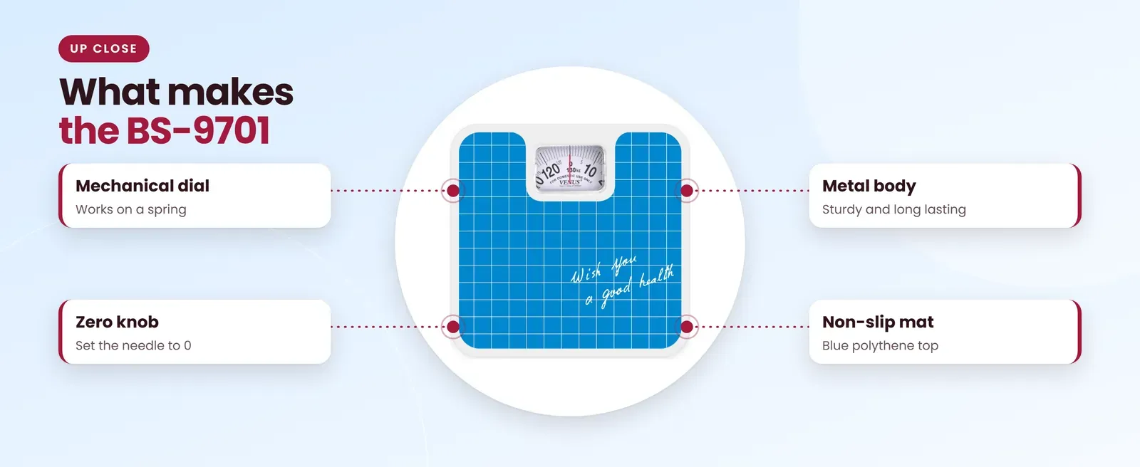 Venus BS-9701 analog weighing scale: mechanical dial, zero knob, metal body, non-slip mat