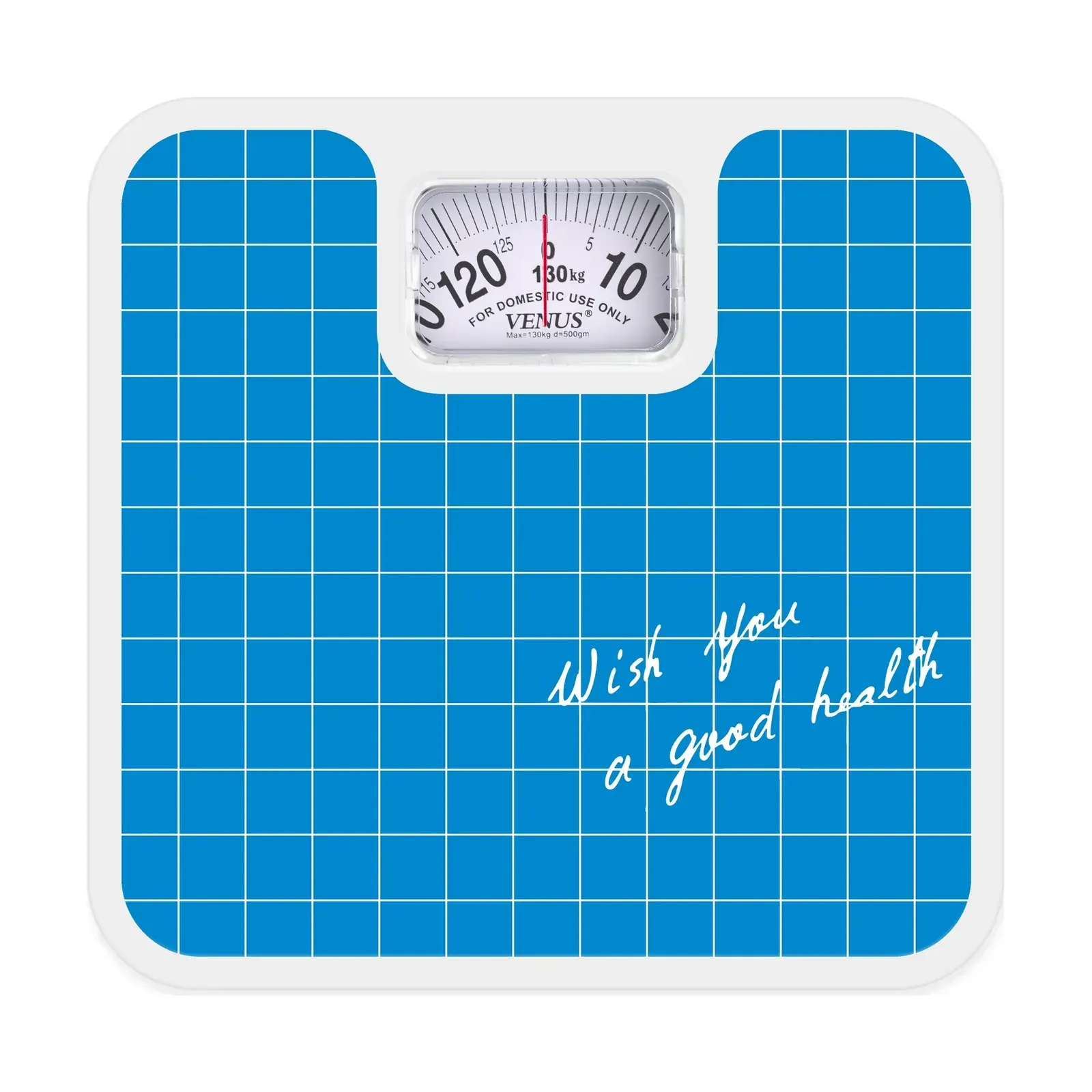 Venus BS-9701 analog weighing scale, front view of the dial and blue mat