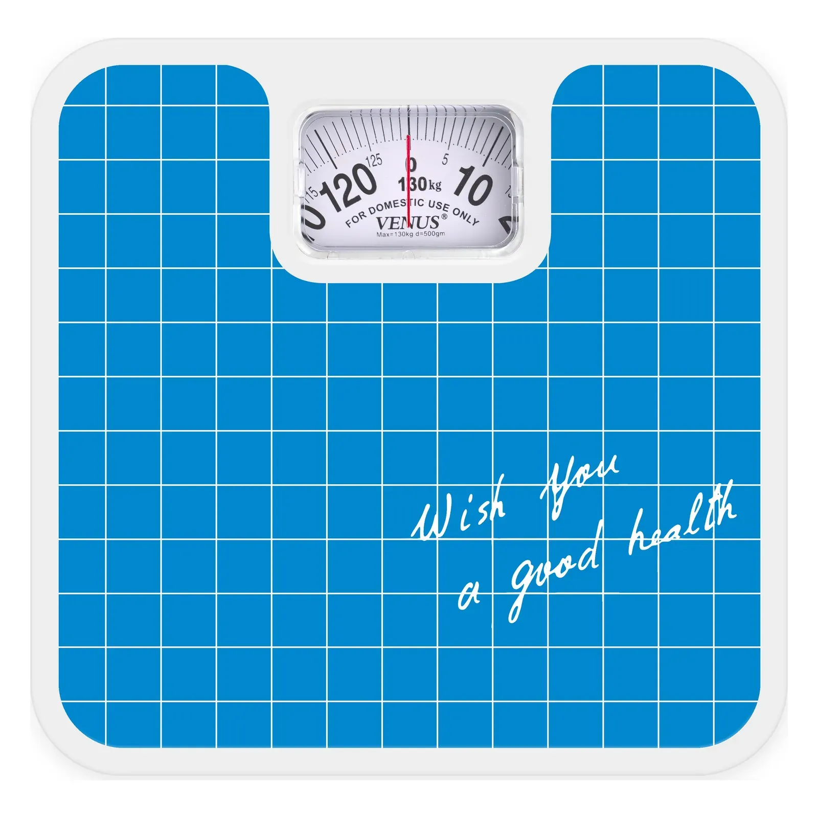 Venus BS-9701 analog weighing scale, front view of the dial and blue mat