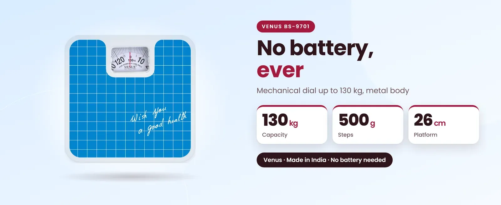 Venus BS-9701 analog weighing scale: Mechanical dial up to 130 kg, metal body