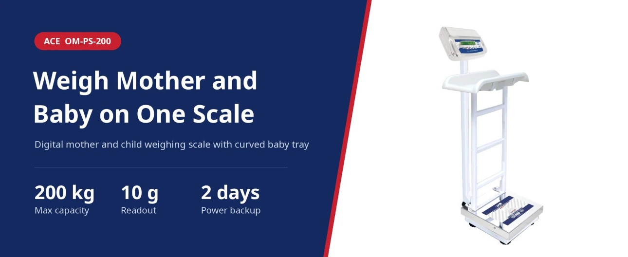 Ace OM-PS-200 Baby and Adult Weighing Scale Ace OM-PS-200 digital mother and child weighing scale with curved baby tray, 200 kg capacity, 10 g readout and 2-day power backup